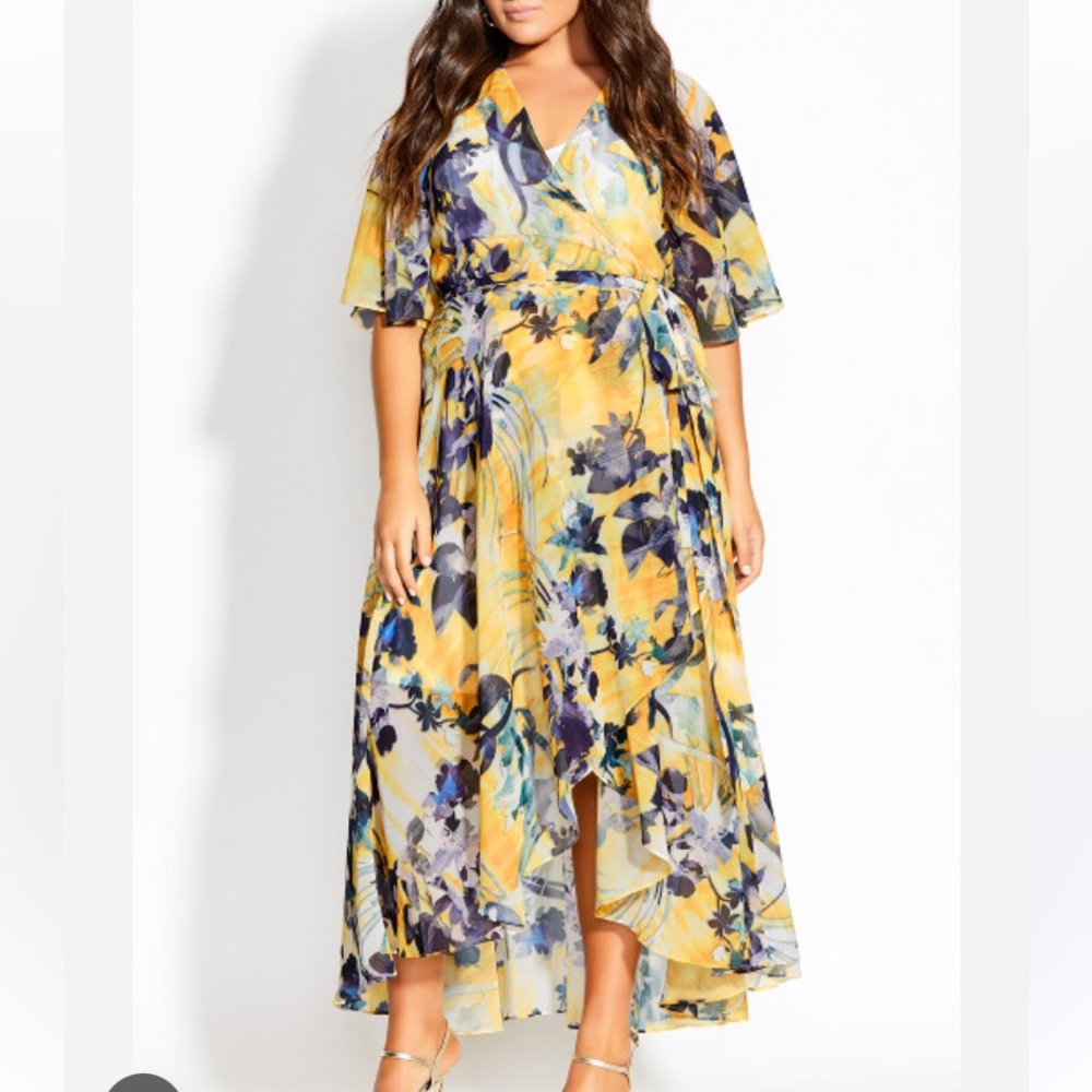 City Chic summer Sol Floral Yellow and Blue Women's Dress Sz 24 New